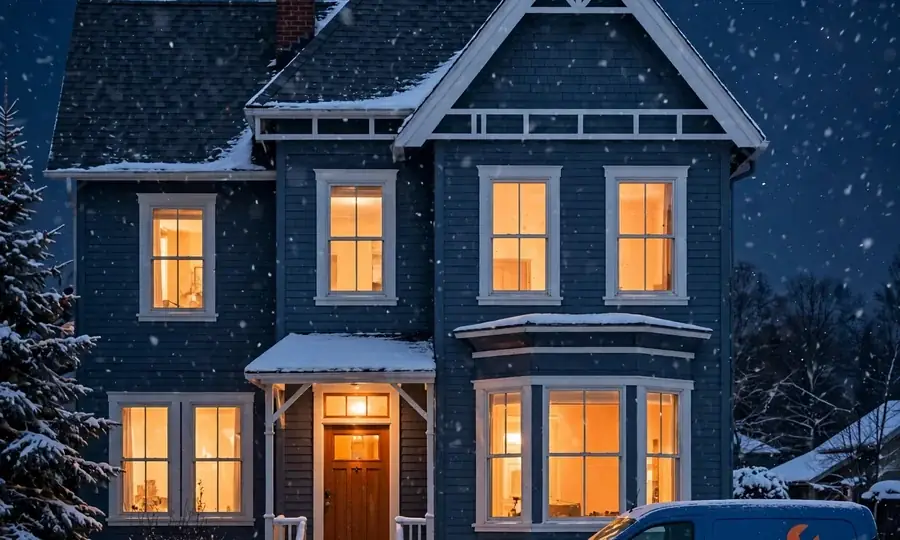 a Victorian house at night in snow with a heating service van outside