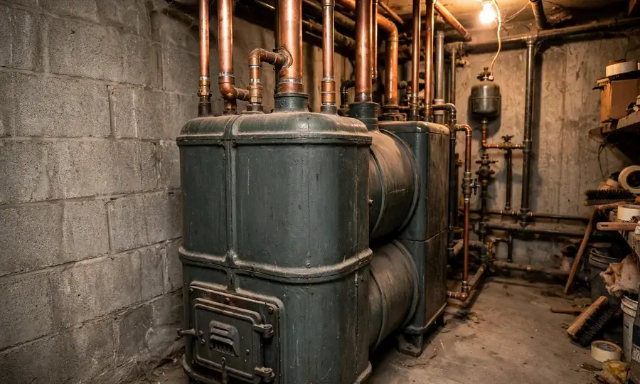 Old cast-iron sectional boiler with copper piping in a basement