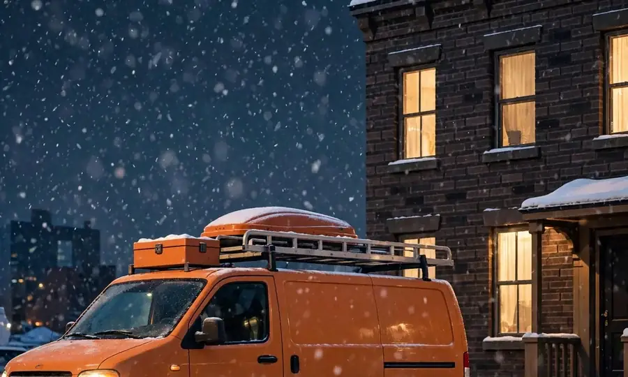 heating service van outside a rowhouse on a snowy Coatesville night