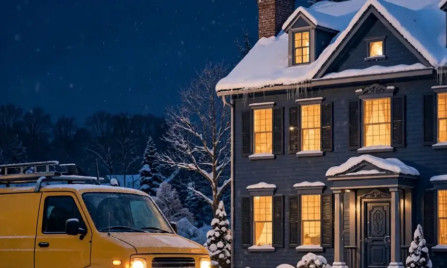 heating service van outside a colonial home on a snowy Collegeville night