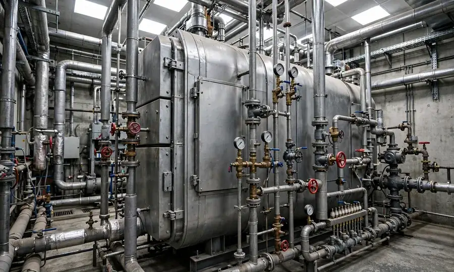 Large commercial boiler with steel pipework in a plant room