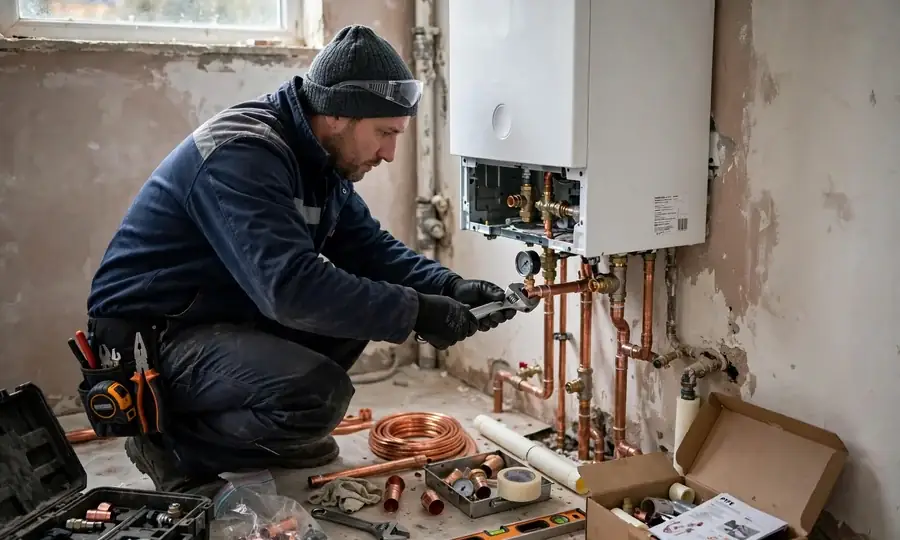 Newly installed wall-mounted boiler with copper pipework