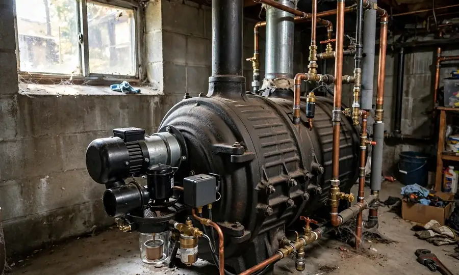 Home heating oil tank with fuel line to burner