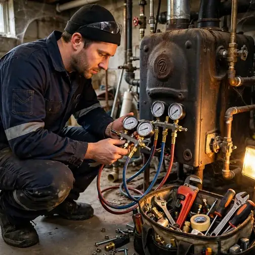 Heating technician with diagnostic instruments in a Downingtown Pennsylvania basement