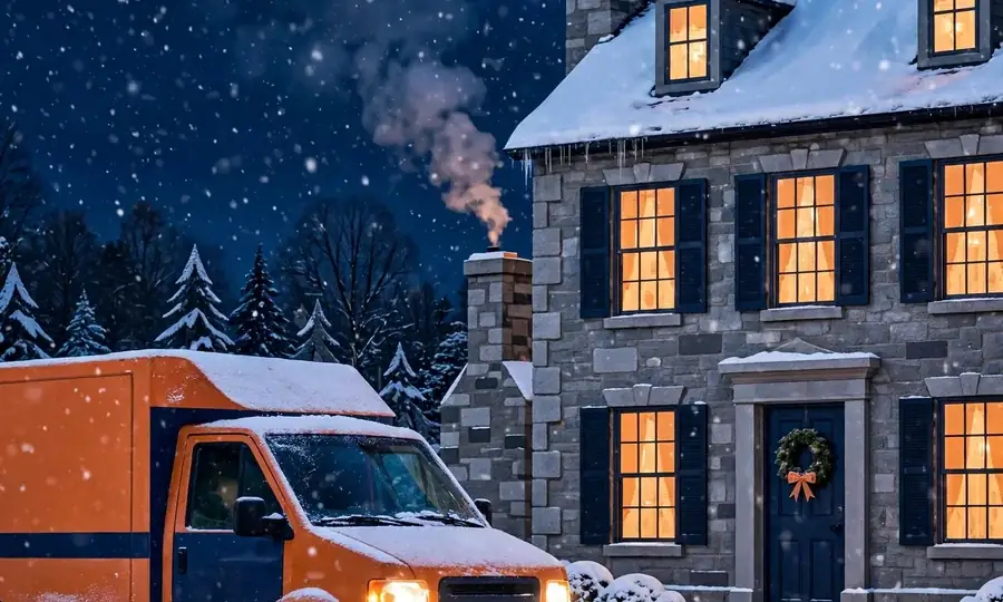 heating service van outside a stone colonial on a snowy Doylestown night