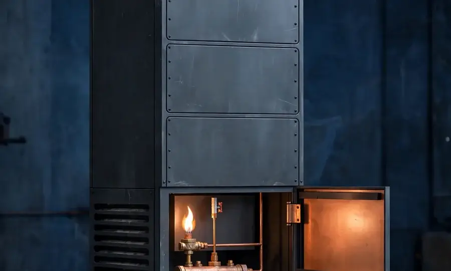 blue gas flames inside a boiler combustion chamber