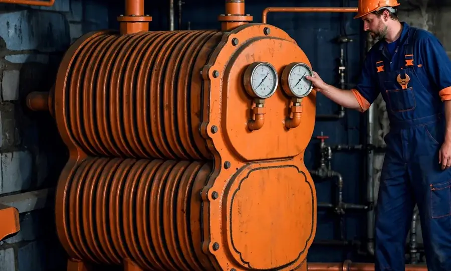 technician checking boiler pressure gauges in a Doylestown basement