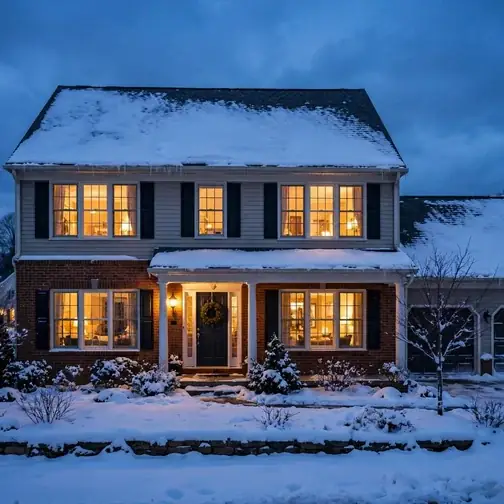 Suburban home with warm glowing windows on a snowy winter evening