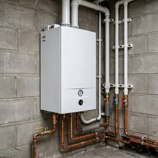 Modern wall-hung gas boiler with venting pipes mounted on a basement wall