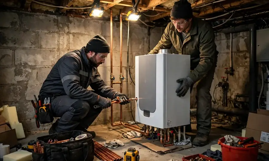 Newly installed wall-mounted boiler with copper pipework