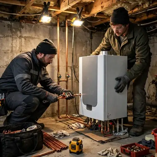 Two technicians installing a new residential boiler in a basement