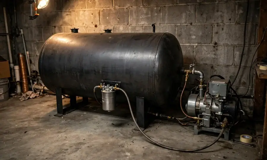 Home heating oil tank with fuel line to burner