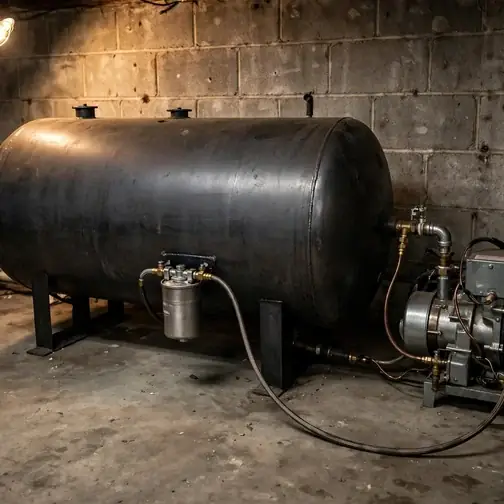 Heating oil tank with fuel lines and filter in a residential basement