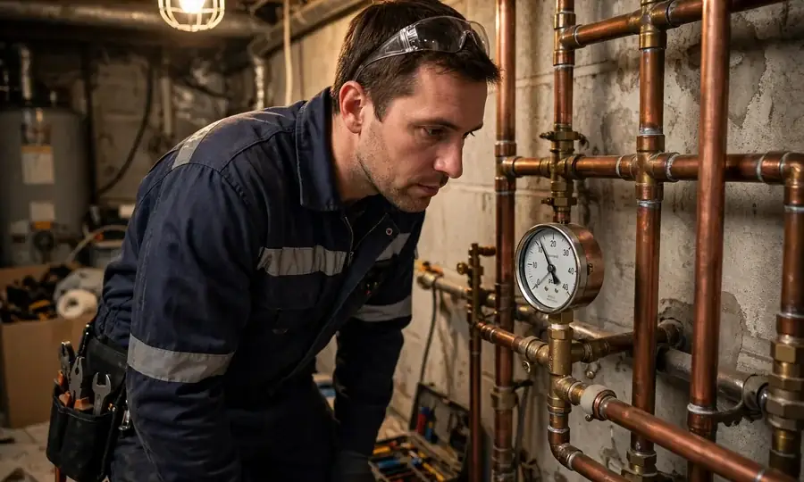Technician checking boiler pressure gauges