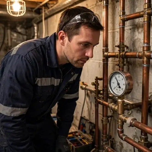 Heating technician inspecting a boiler pressure gauge during a diagnosis visit