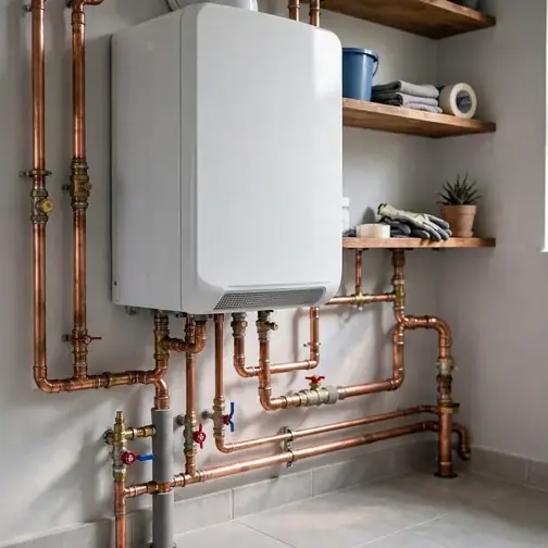 Gas boiler with sealed hot-water piping in an Elmont, NY basement