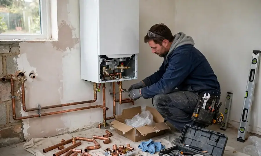 Newly installed wall-mounted boiler with copper pipework