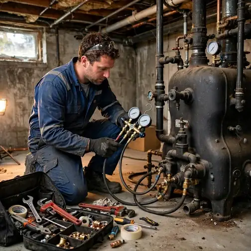 Technician diagnosing a boiler fault in an Elmont, NY basement