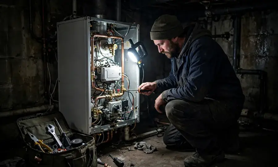 Technician repairing an open boiler in a dark basement