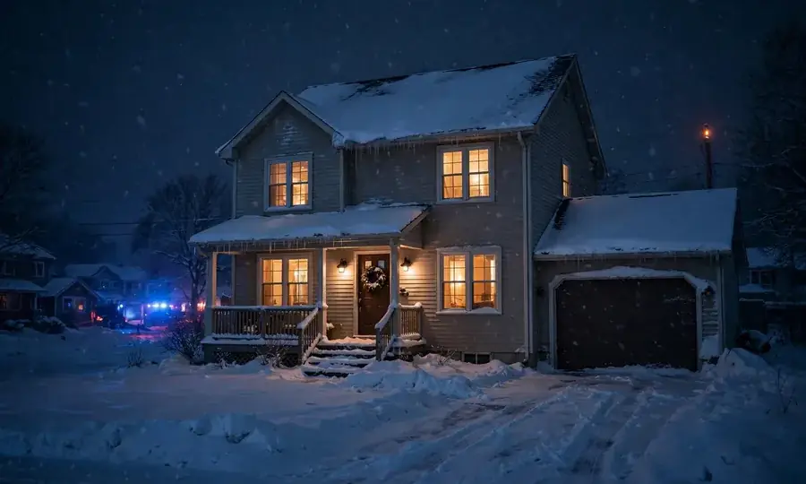 House with snow-covered roof at night