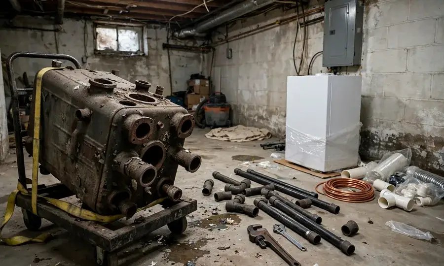 Old boiler being removed for replacement