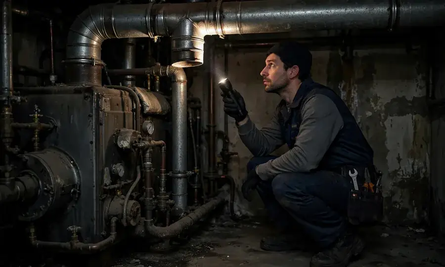 Technician inspecting a boiler flue with a flashlight