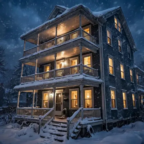 Triple-decker apartment house with warm glowing windows during a Fitchburg snowstorm at night
