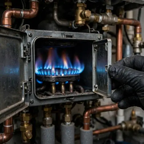 Technician inspecting the blue burner flame inside a gas boiler combustion chamber in Fitchburg