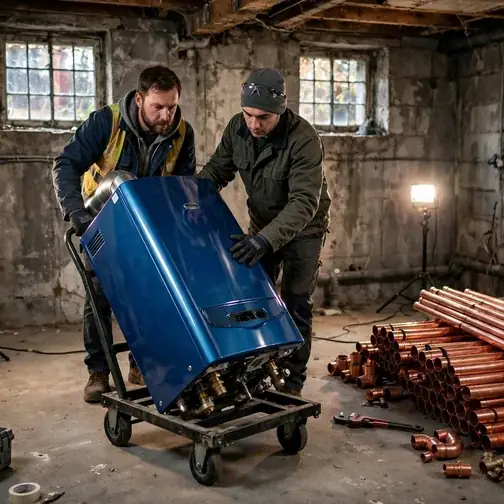 Workers positioning a new boiler in the basement of an old Fitchburg house during installation