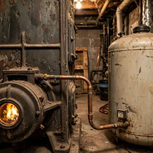 Oil-fired cast-iron boiler with visible burner and copper fuel line running to an indoor oil tank in a Fitchburg basement