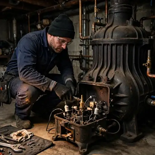 Heating technician servicing an oil burner on a cast-iron boiler in a Fitchburg basement