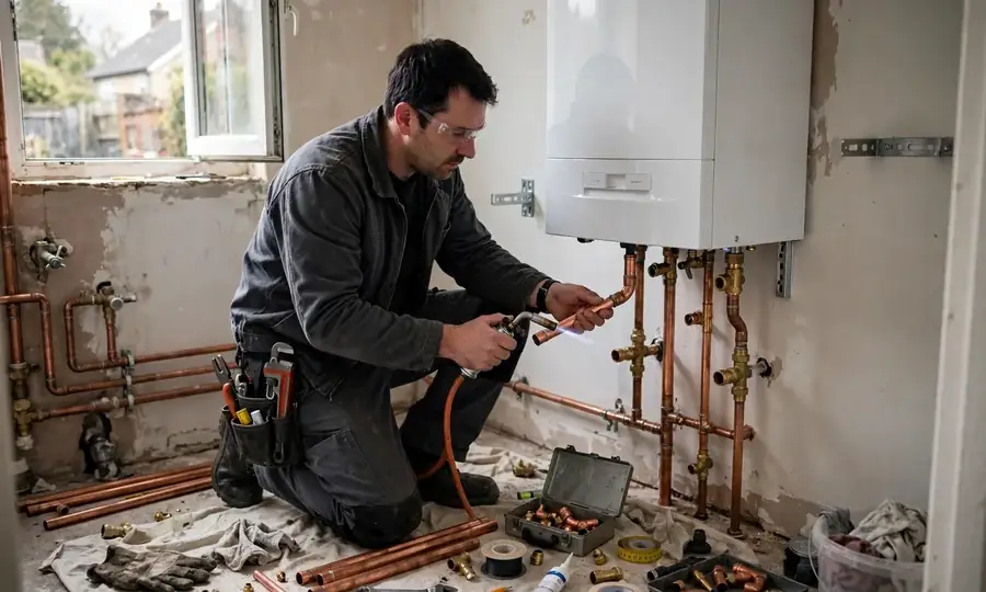 Newly installed wall-mounted boiler with copper pipework