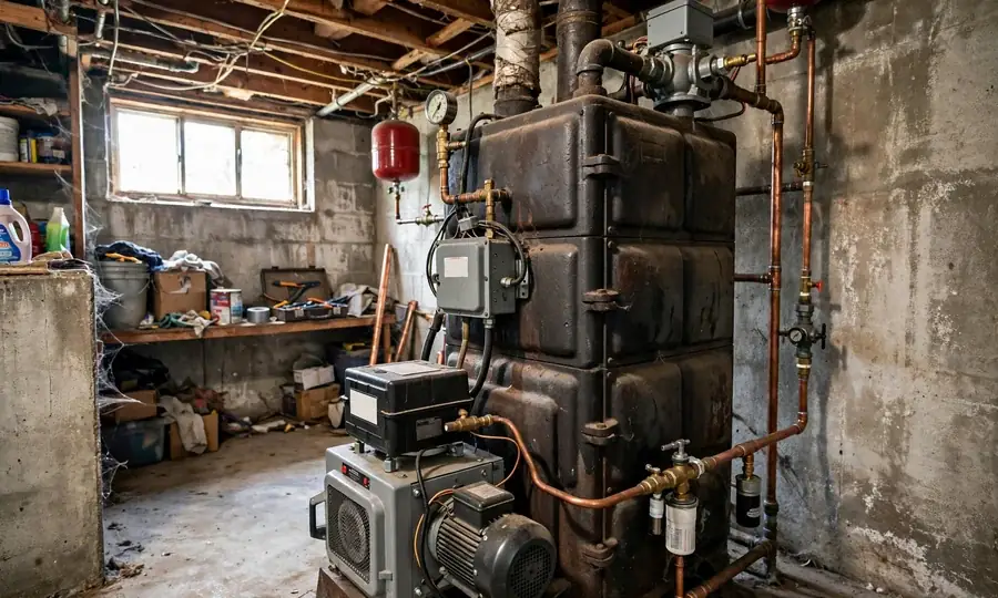 Home heating oil tank with fuel line to burner