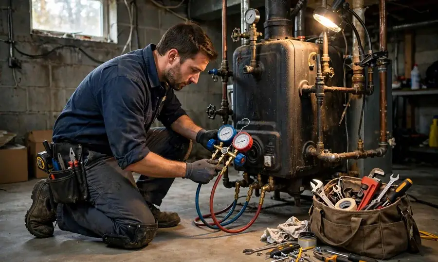 Technician checking boiler pressure gauges