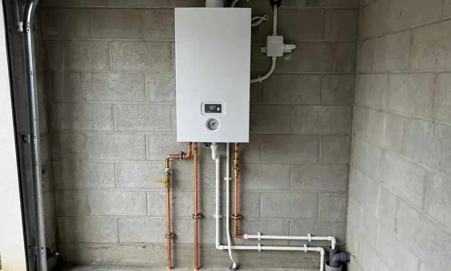 Newly installed wall-mounted boiler with copper pipework