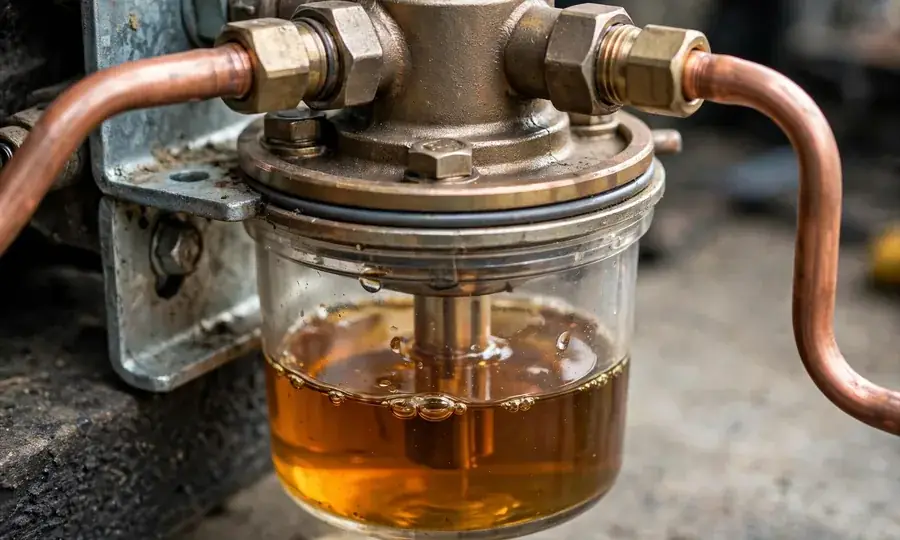 Home heating oil tank with fuel line to burner
