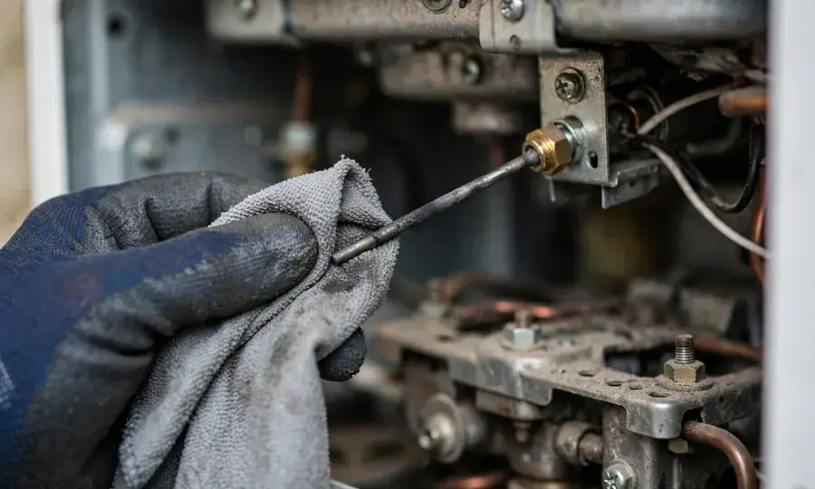Technician checking boiler pressure gauges