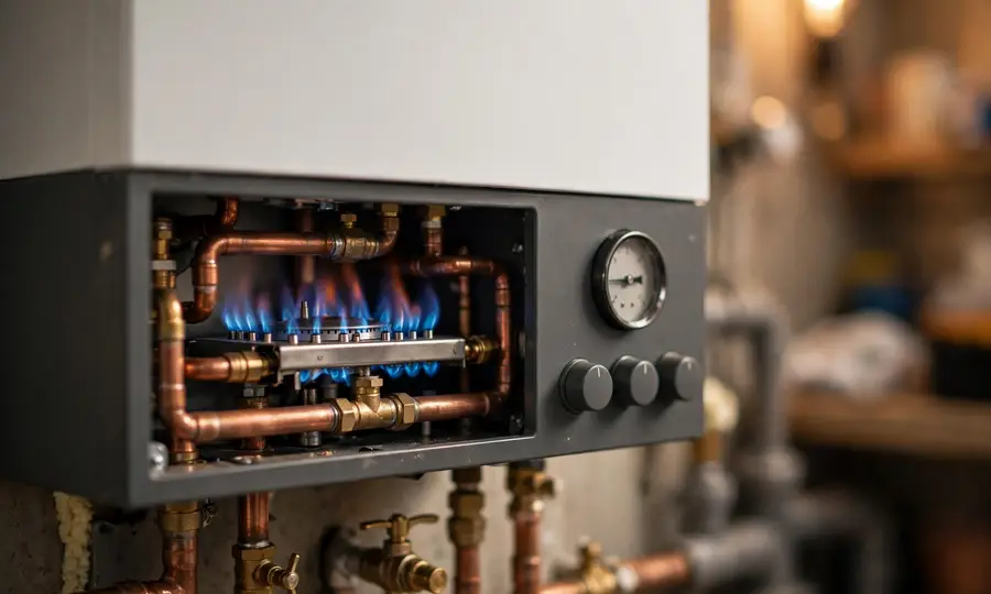 Combi boiler with control panel and indicator lights