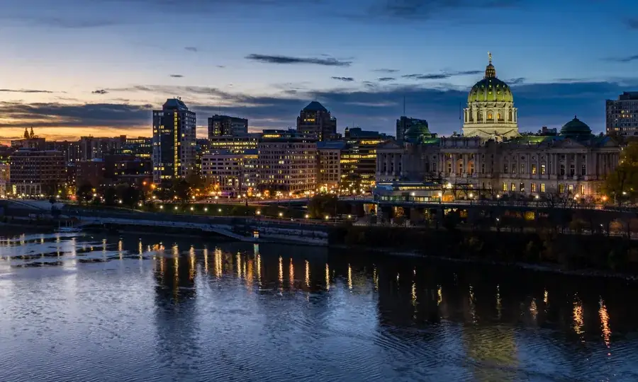 Harrisburg Pennsylvania skyline at dusk