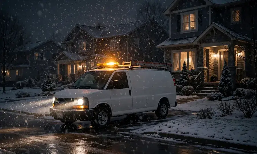 Heating service van in snow at night