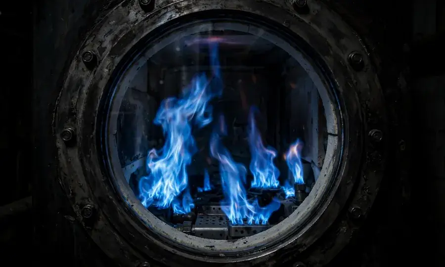 Blue gas flames inside a boiler combustion chamber