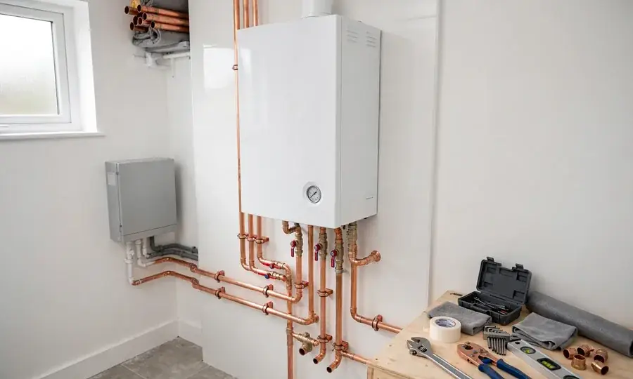 Newly installed wall-mounted boiler with copper pipework