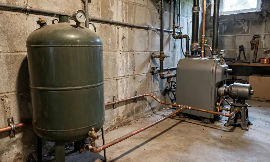 Home heating oil tank with fuel line to burner