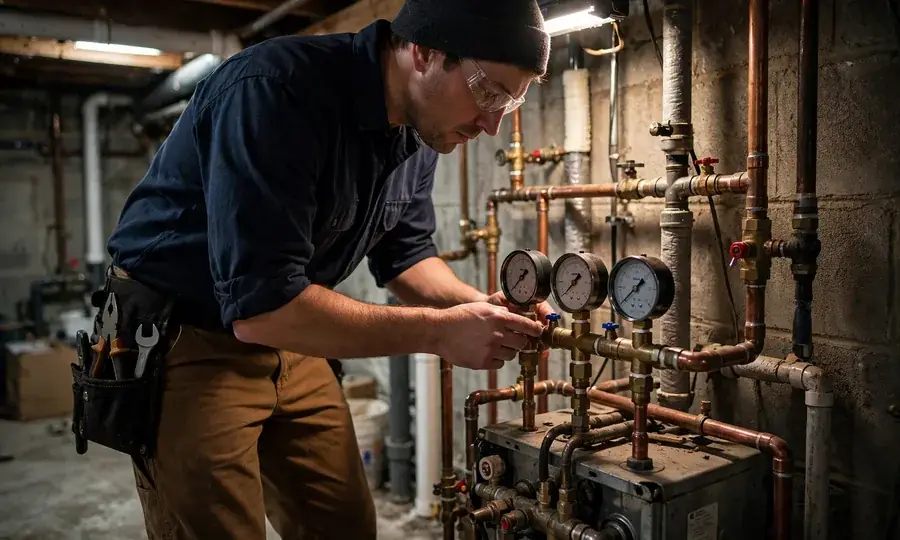 Technician checking boiler pressure gauges