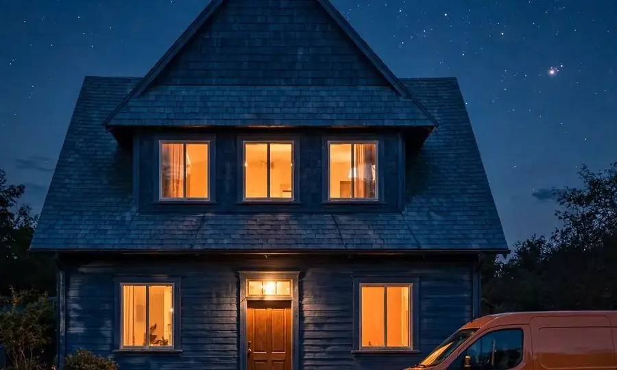 a dormered Cape Cod house at night in snow with a service van outside