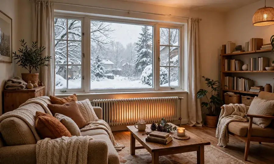 Warm living room heated by a radiator on a winter day