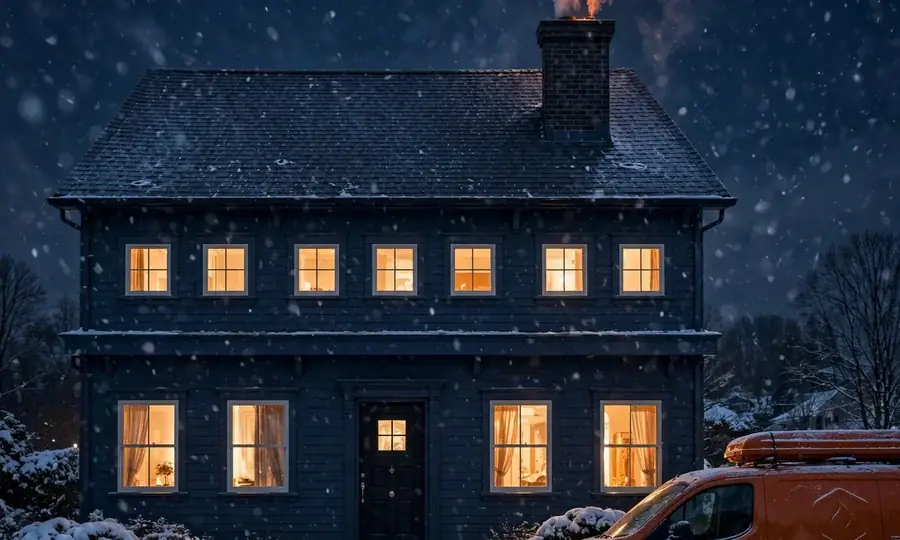 a suburban colonial house at night in snow with a heating service van outside