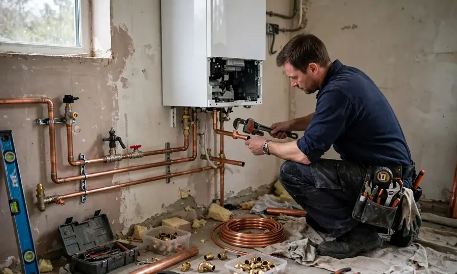 Newly installed wall-mounted boiler with copper pipework