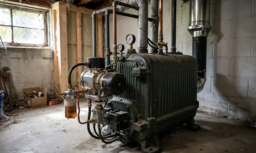 Home heating oil tank with fuel line to burner