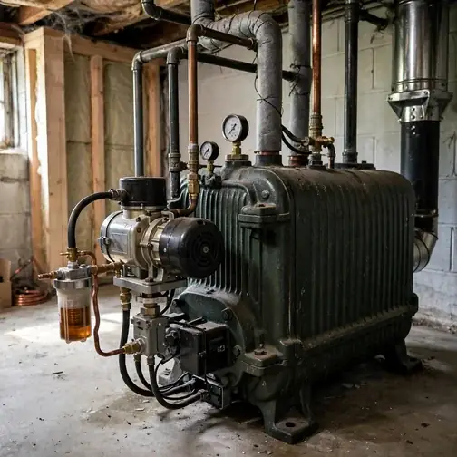 Oil tank and burner in an old Hummelstown Pennsylvania borough basement